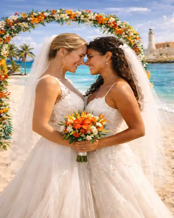 Pareja del mismo sexo celebrando su boda en la playa de Cuba, con un entorno caribeño romántico y ceremonia al aire libre.