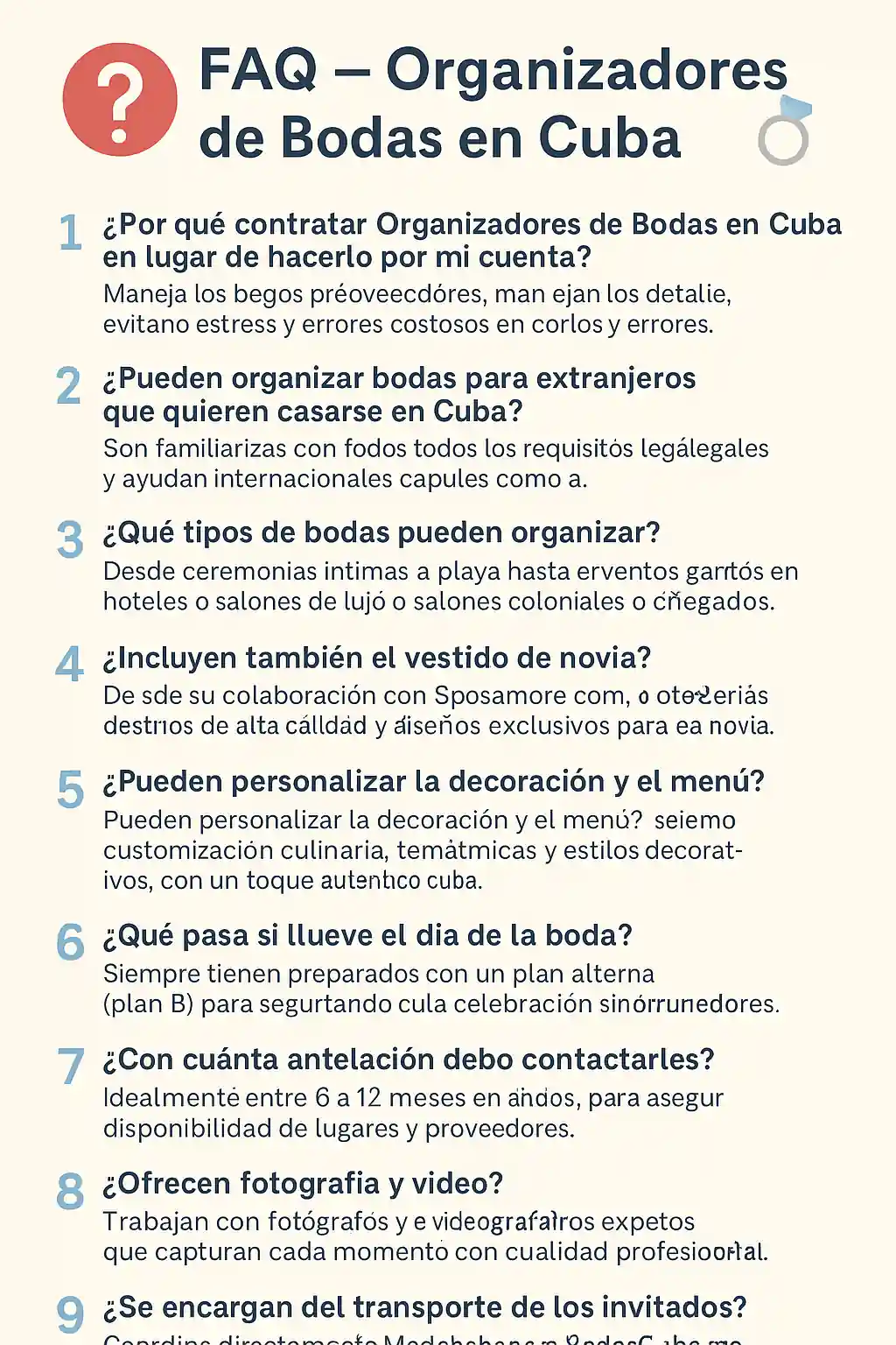 "Infografía en español titulada 'FAQ – Organizadores de Bodas en Cuba', con preguntas y respuestas frecuentes sobre la contratación de organizadores de bodas en la isla, incluyendo servicios para parejas extranjeras, tipos de bodas, personalización, planes alternativos por lluvia, plazos de contacto, fotografía, video y transporte de invitados." 