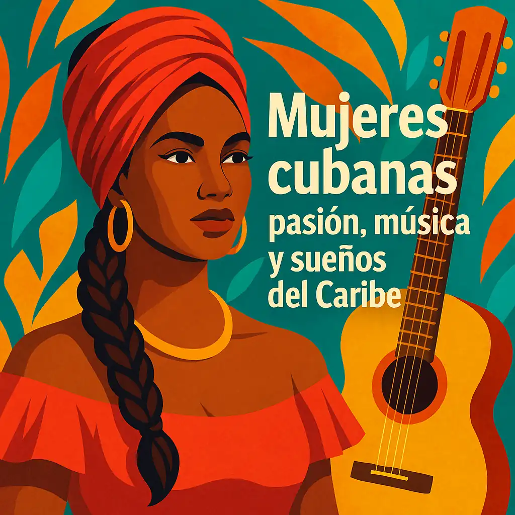 Ilustración digital colorida que muestra a una mujer cubana bailando con energía tropical, rodeada de música, ritmo y paisajes caribeños, reflejando la pasión, la alegría y los sueños de las mujeres cubanas.