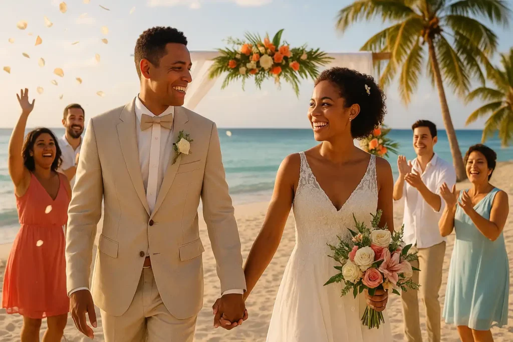 "Organizadores de bodas en Cuba celebrando una ceremonia en la playa, con una pareja de recién casados sonrientes, invitados alegres y decoración tropical con palmeras y flores."