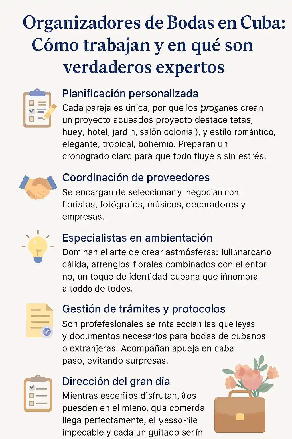 "Infografía en español titulada 'Organizadores de Bodas en Cuba: Cómo trabajan y en qué son verdaderos expertos', con cinco apartados ilustrados: planificación personalizada, coordinación de proveedores, especialistas en ambientación, gestión de trámites y protocolos, y dirección del gran día, acompañados de iconos y texto explicativo en un diseño profesional con tonos azules, beige y grises."