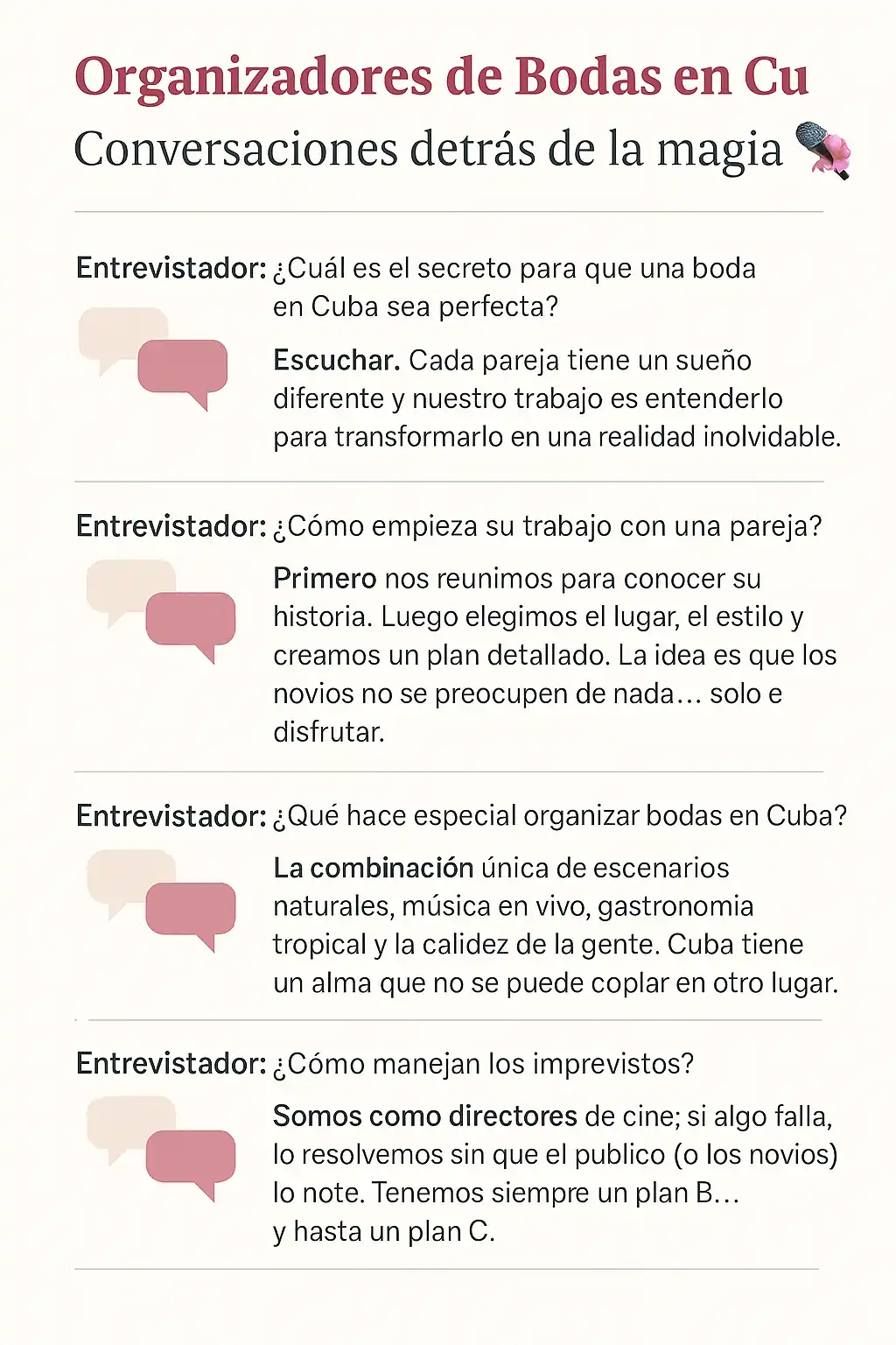 Organizadores de Bodas en Cuba: Conversaciones detrás de la magia', con ilustraciones y texto que muestran entrevistas a organizadores de bodas, revelando cómo entienden los sueños de las parejas, superan imprevistos y crean momentos emotivos en ceremonias cubanas."