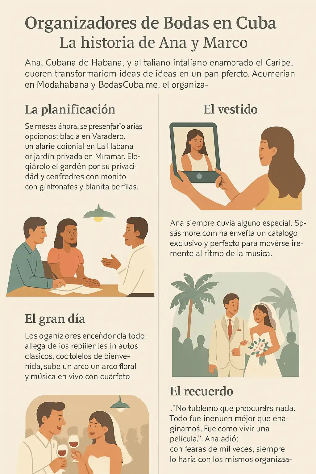 "Infografía en español titulada 'Organizadores de Bodas en Cuba: La historia de Ana y Marco', que narra en cuatro secciones ilustradas el proceso de su boda: planificación, elección del vestido, el gran día y recuerdos, con imágenes de reuniones, ceremonia y celebración en un entorno tropical." 