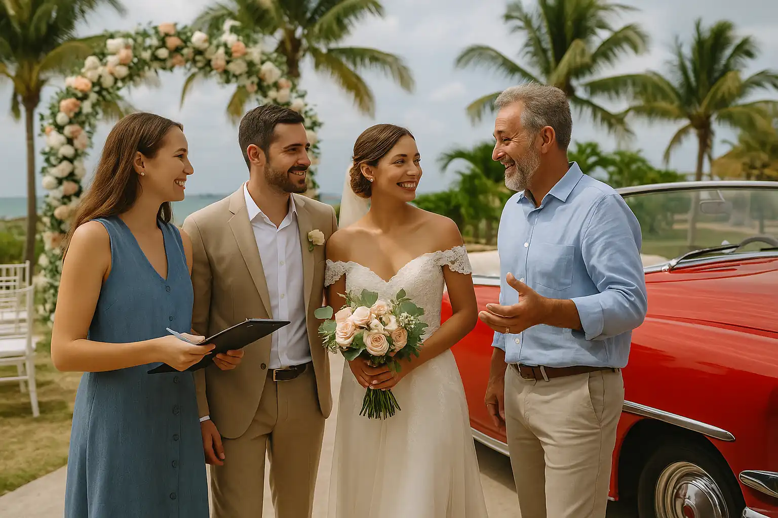 "Pareja de recién casados en Cuba conversando con organizadores de bodas junto a un auto clásico rojo, con arco floral y palmeras de fondo, reflejando estilo, amor y tradición." 