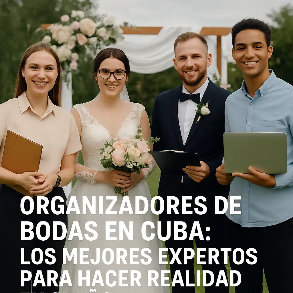 Organizadores de Bodas en Cuba: Los Mejores Expertos para Hacer Realidad tu Sueño La imagen muestra una escena con personas reales en pleno preparativo de una boda.Al fondo se observa un arco decorado con flores delicadas, colocado en un jardín o espacio al aire libre, listo para la ceremonia.  En primer plano, un pequeño grupo de personas – entre ellas la novia y el novio – interactúa sonriente con un equipo de profesionales. La escena transmite colaboración, entusiasmo y atención al detalle, características del trabajo de los Organizadores de Bodas en Cuba.La atmósfera es luminosa y serena, con colores cálidos y naturales, y refleja la idea de un sueño que está a punto de hacerse realidad.