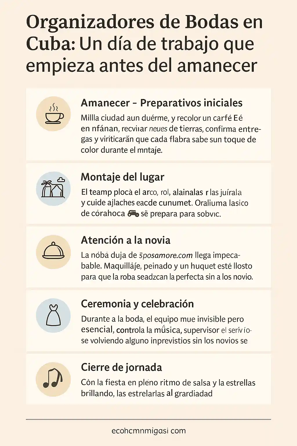 "Infografía en español titulada 'Organizadores de Bodas en Cuba: Un día de trabajo que empieza antes del amanecer', con cinco secciones ilustradas que describen tareas desde los preparativos iniciales y montaje del lugar hasta la atención a la novia, la ceremonia y la celebración, y el cierre de la jornada." 