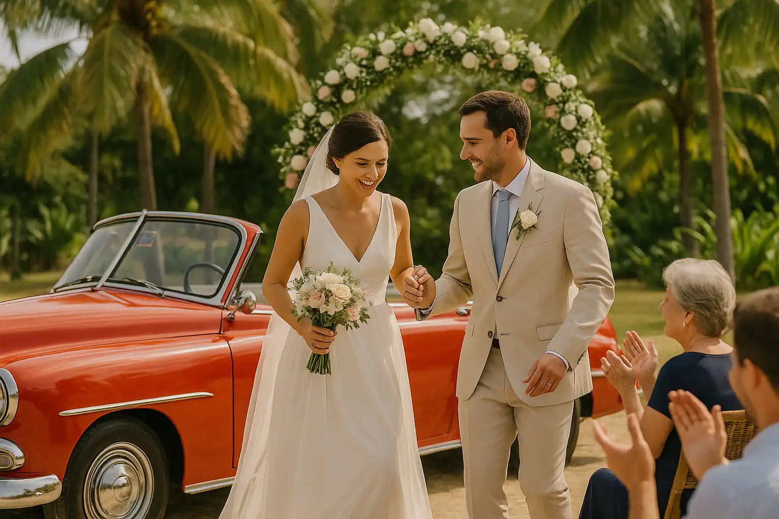 "Pareja de recién casados en Cuba saliendo de un auto clásico rojo durante la ceremonia, con arco floral, palmeras y aplausos de los invitados al fondo." 