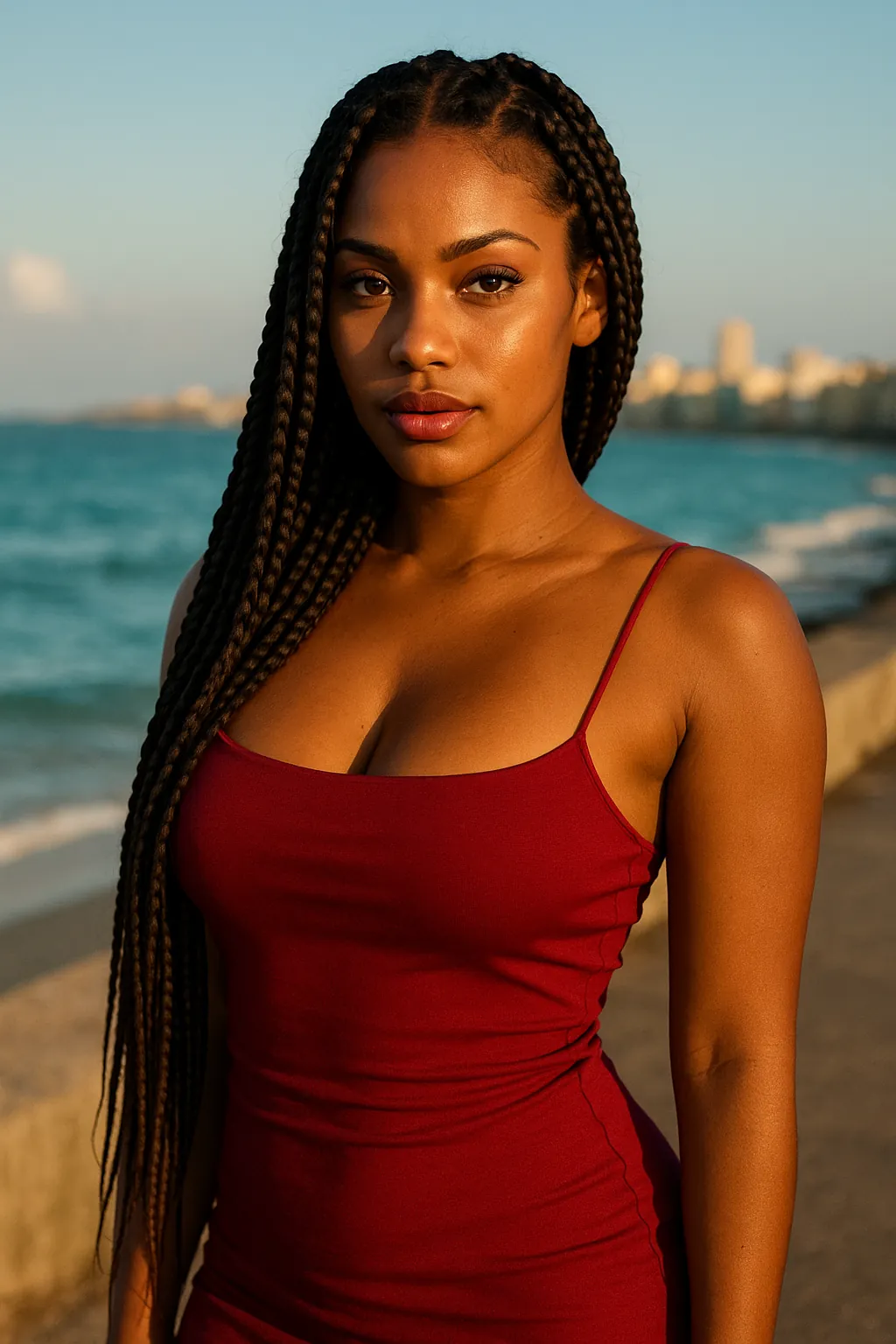 Retrato realista y sugestivo de una mujer cubana en la costa habanera al atardecer. Vestido rojo ajustado, trenzas largas y mirada intensa, ideal para ilustrar consejos sobre cómo conquistar mujeres cubanas online.