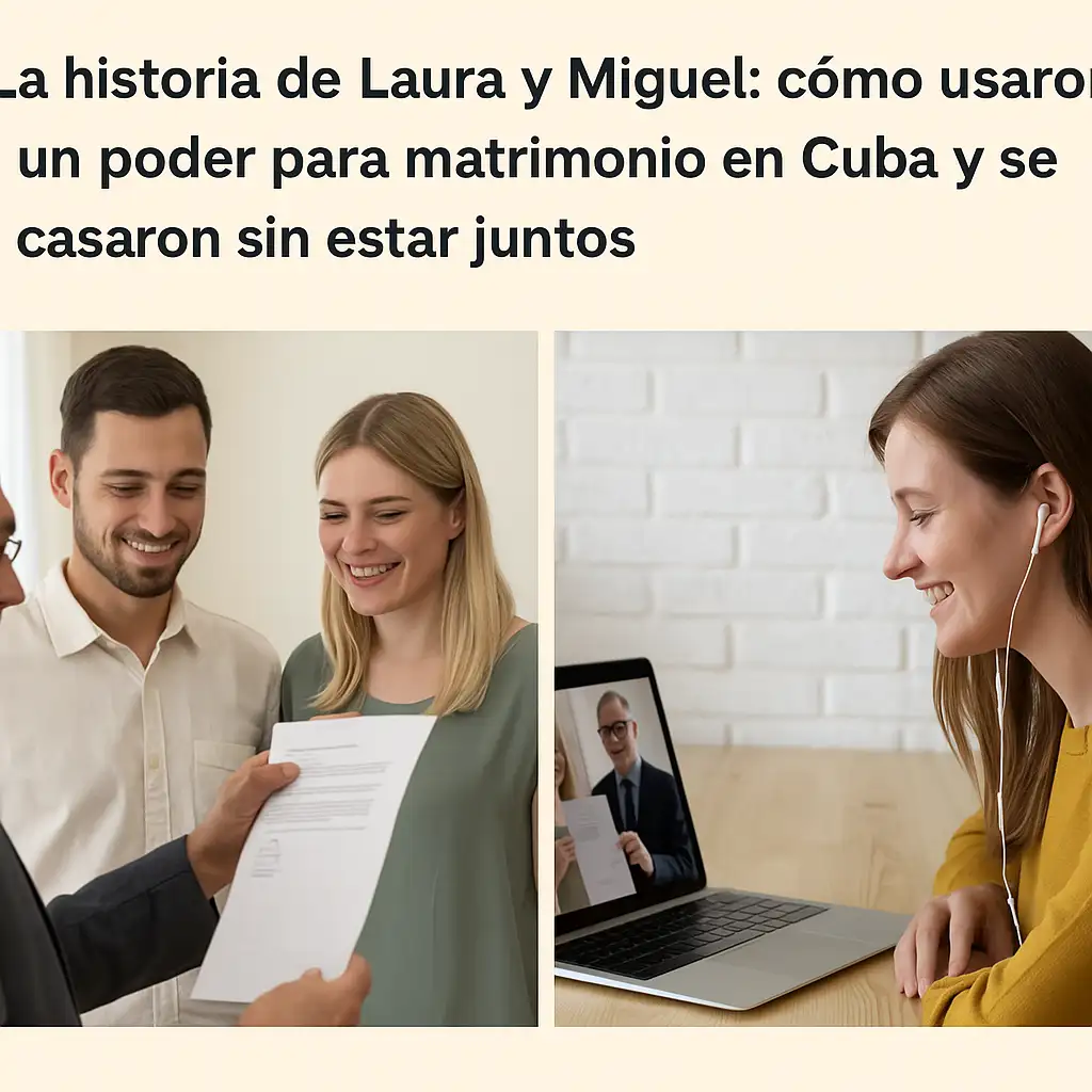 Montaje con dos imágenes reales: a la izquierda, una pareja firma un documento con un oficial; a la derecha, una mujer sonríe en videollamada. Ambas escenas representan cómo se puede usar un poder para matrimonio en Cuba para casarse sin estar juntos físicamente.