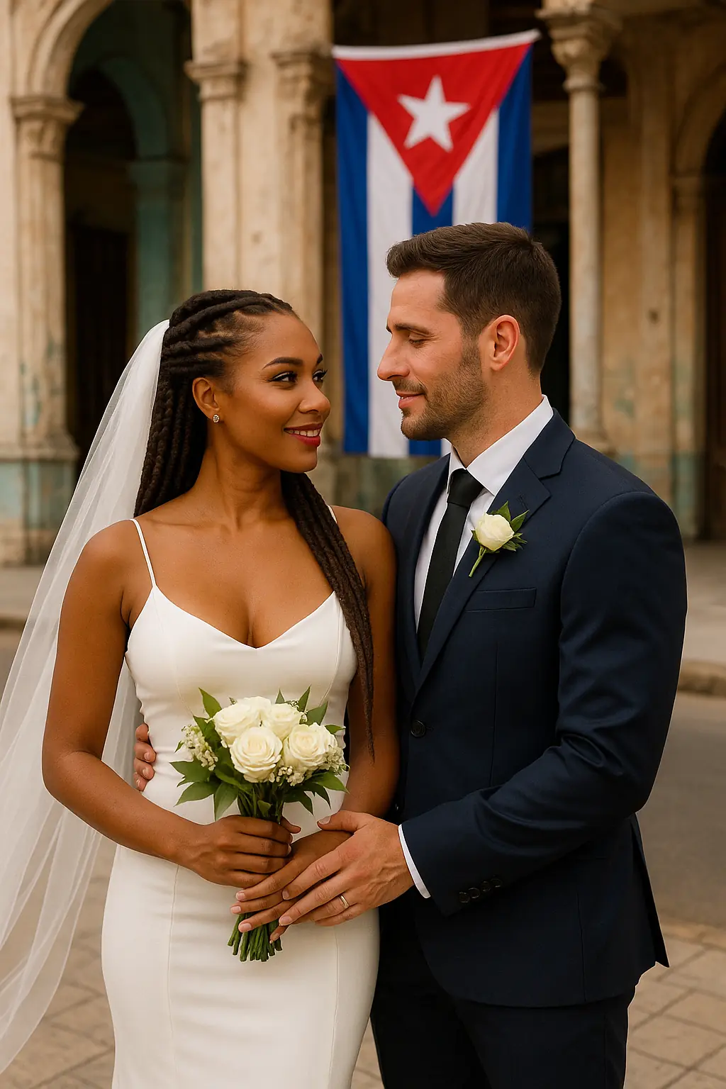 Pareja recién casada en La Habana: mujer cubana con vestido blanco ajustado y trenzas largas junto a su esposo extranjero.