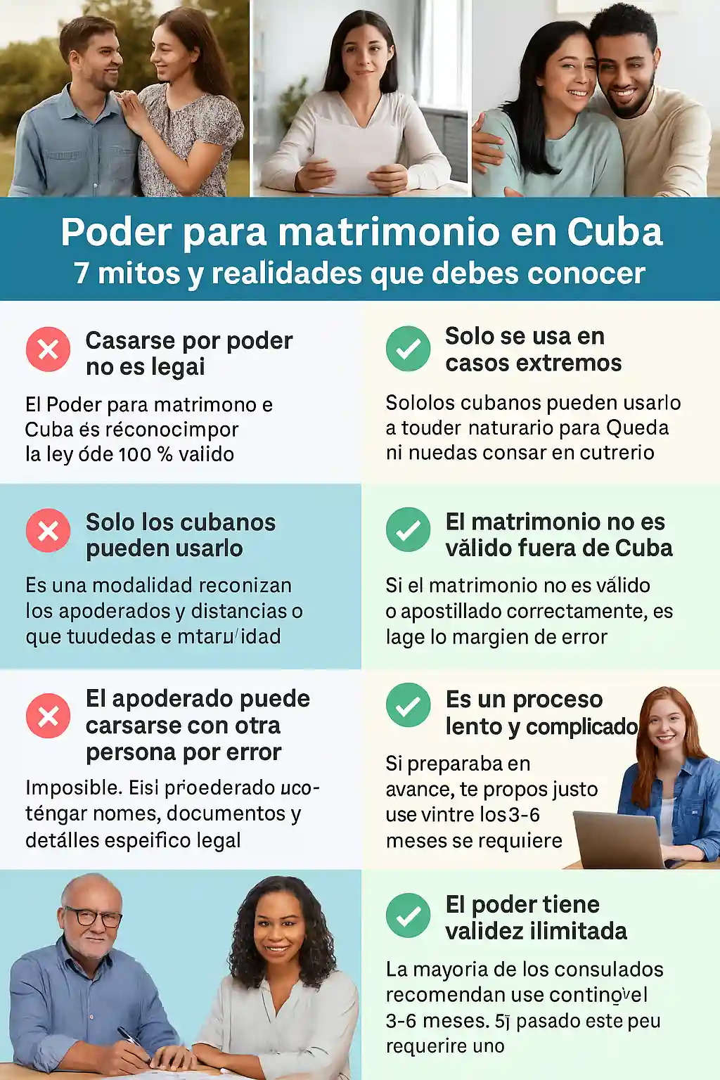 Infografía visual en español con personas reales, que presenta 7 mitos comunes sobre el poder para matrimonio en Cuba, contrastados con sus respectivas realidades legales y prácticas.