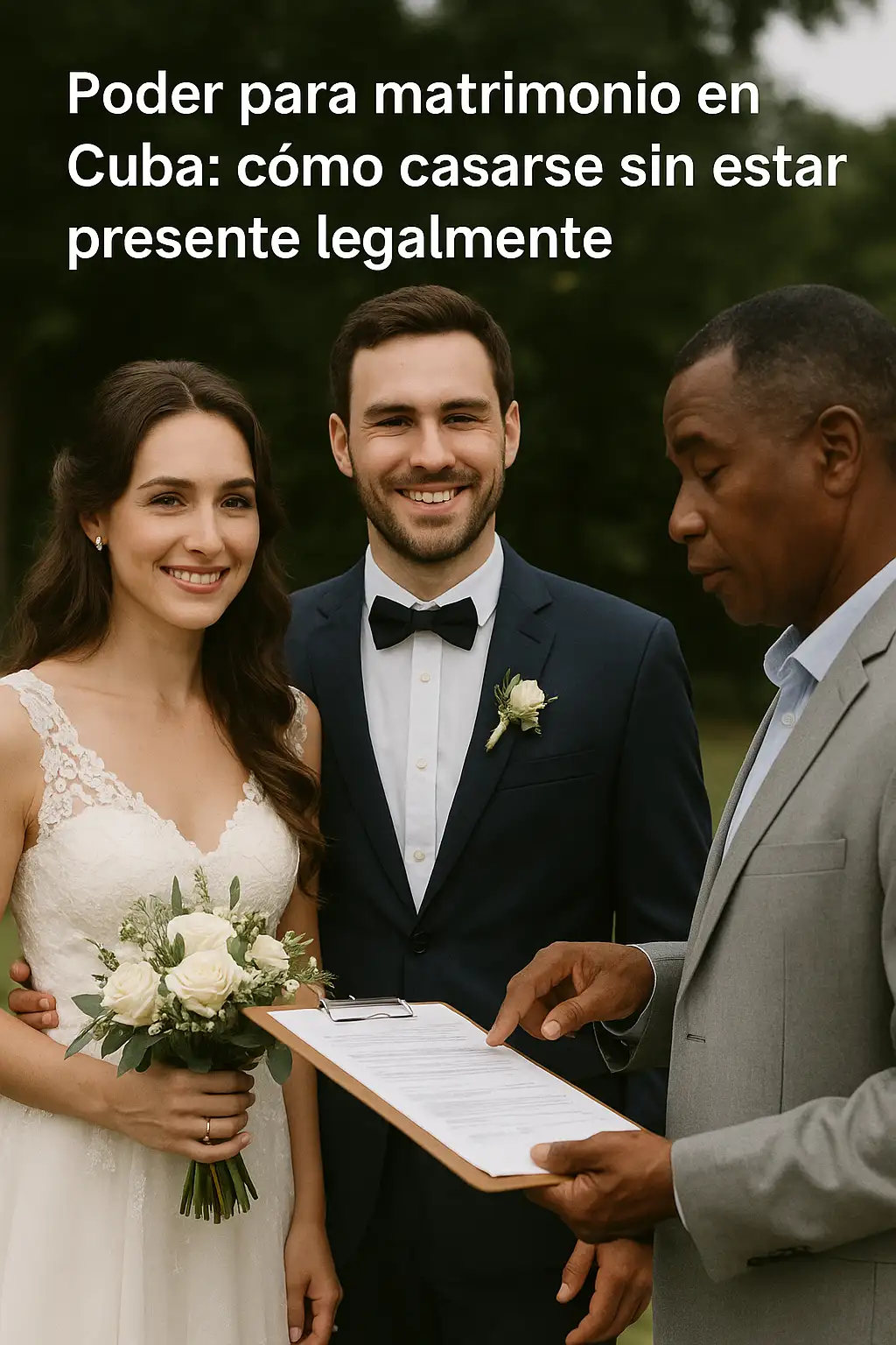 Pareja de recién casados junto a un funcionario legal mostrando un documento, representando el proceso del poder para matrimonio en Cuba.