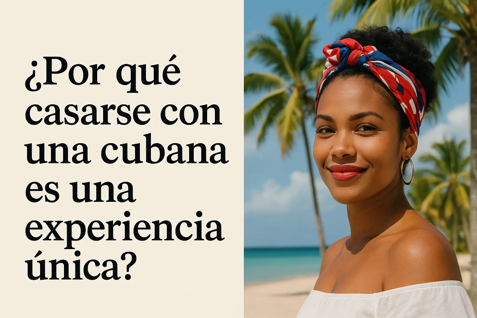 “Pareja en la playa con palmeras 🌴 celebrando amor y matrimonio, destacando por qué casarse con una cubana es una experiencia única en el Caribe.”