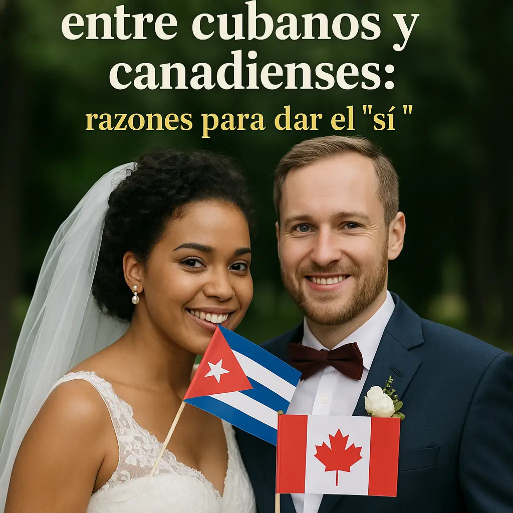 "Fotografía de una pareja de novios felices, ella cubana y él canadiense, sonriendo mientras sostienen las banderas de Cuba y Canadá, con el título Matrimonio entre cubanos y canadienses: razones para dar el sí sobre un fondo natural verde."  