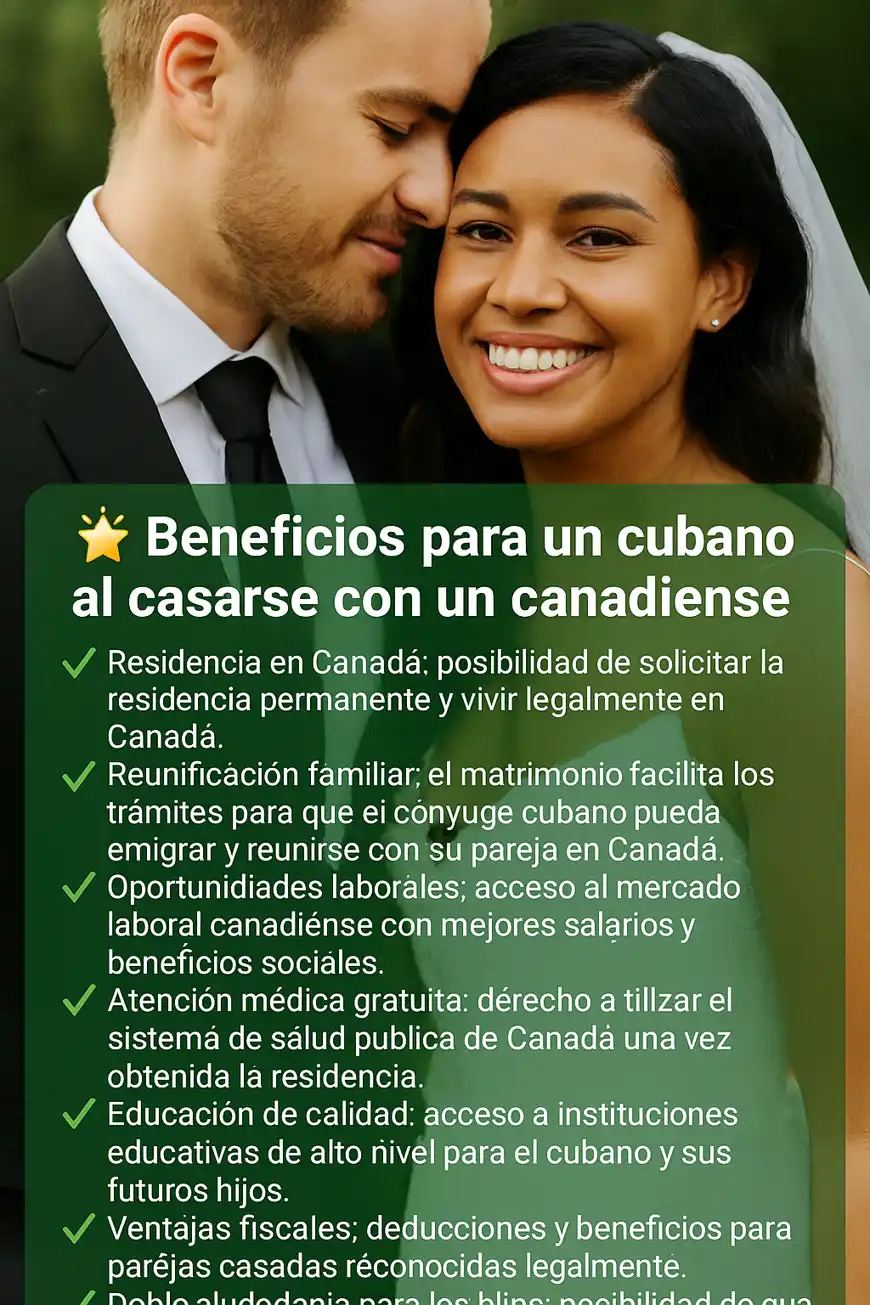 "Fotografía de una pareja de recién casados, ella cubana y él canadiense, sonriendo en un entorno natural, con un recuadro verde que destaca los beneficios de casarse con un canadiense como residencia, reunificación familiar, salud gratuita y mejor calidad de vida."  