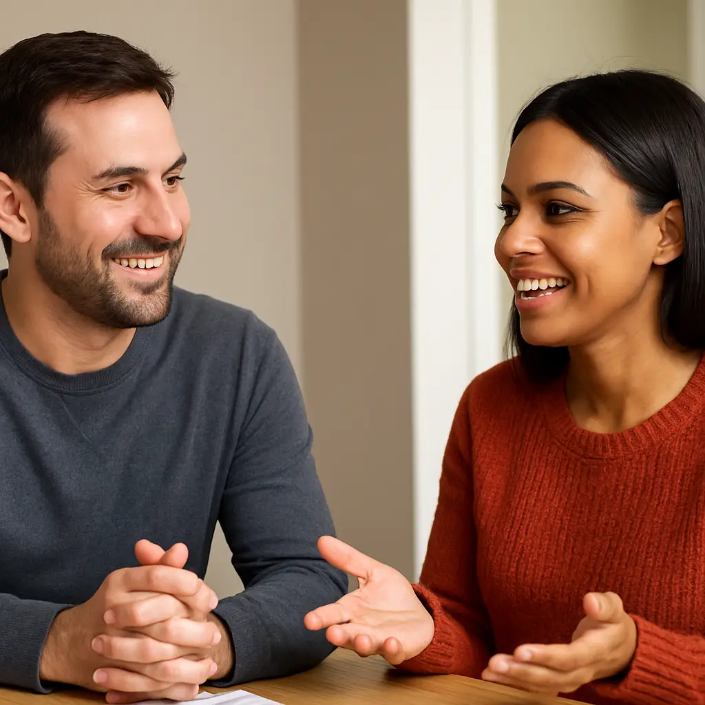 "Fotografía de una pareja conversando en una habitación iluminada por luz natural, ella cubana con blusa color terracota y él canadiense con suéter gris, ambos sonriendo de manera cálida en un ambiente íntimo y relajado."  