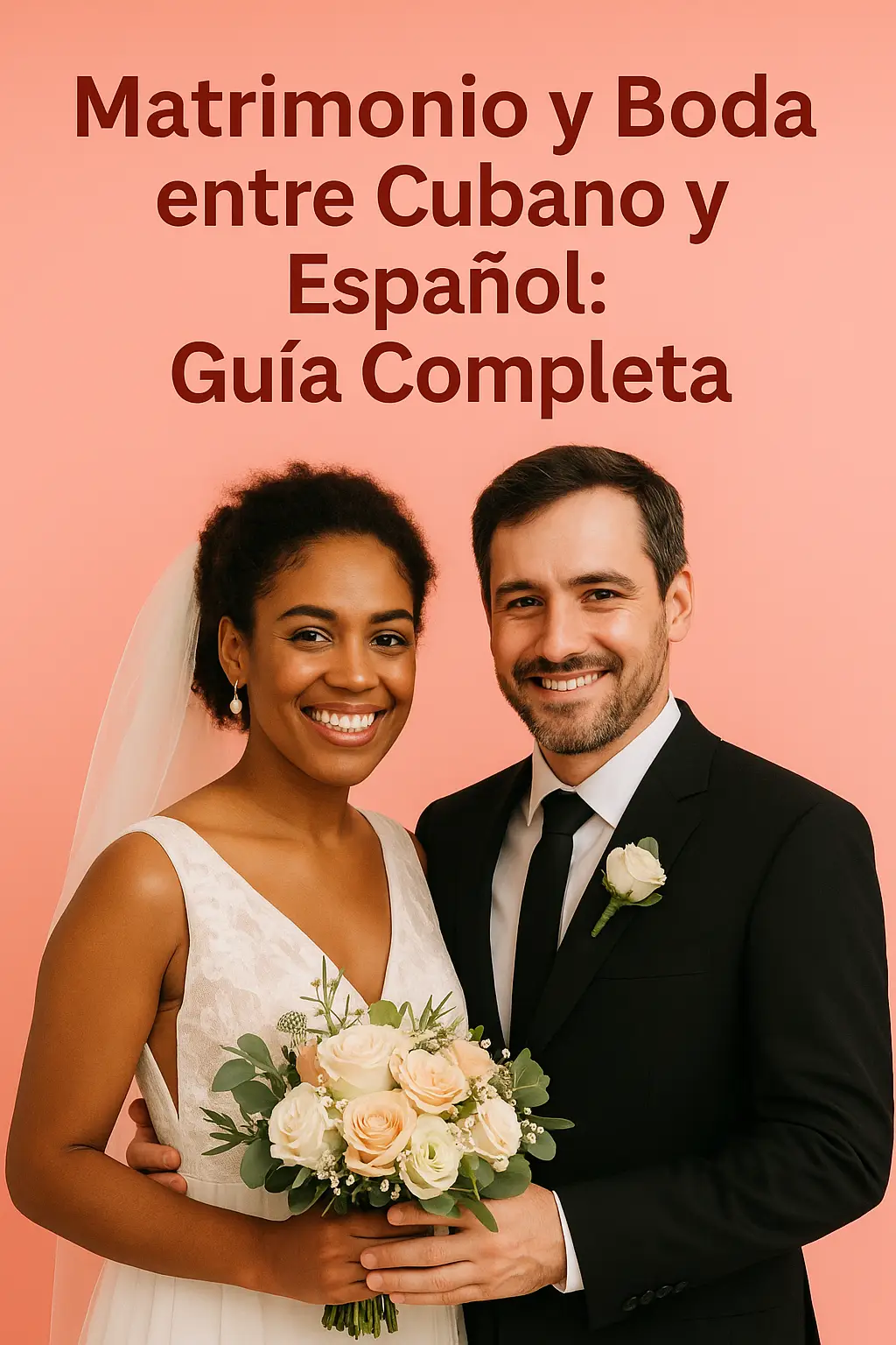 Matrimonio y Boda entre Cubano y Español: pareja real sonriente, fondo rosa coral, título de la guía completa"  
