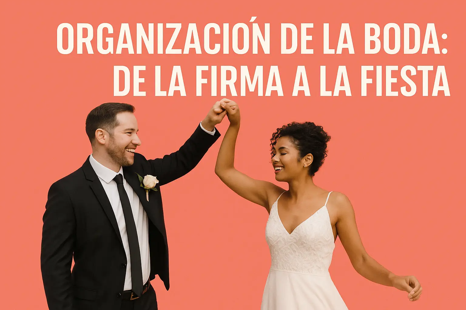 "Imagen de portada con título Organización de la Boda: De la Firma a la Fiesta, mostrando a una pareja real bailando sobre un fondo coral, simbolizando la alegría y celebración de la boda. Ideal para artículos sobre organización de bodas cubano-españolas."  