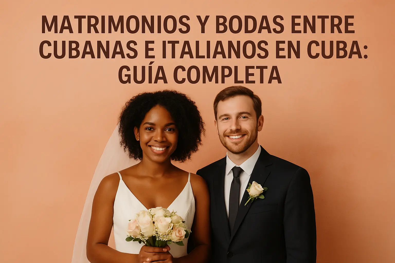 Alt Text:"Matrimonios y Bodas entre Cubanas e Italianos en Cuba: pareja real sonriente sobre fondo rosa y naranja, imagen de portada elegante"  Descripción:"Imagen de portada para el artículo Matrimonios y Bodas entre Cubanas e Italianos en Cuba: Guía Completa, mostrando a una novia cubana y un novio italiano abrazados sobre un fondo degradado rosa y naranja, transmitiendo amor y celebración."  