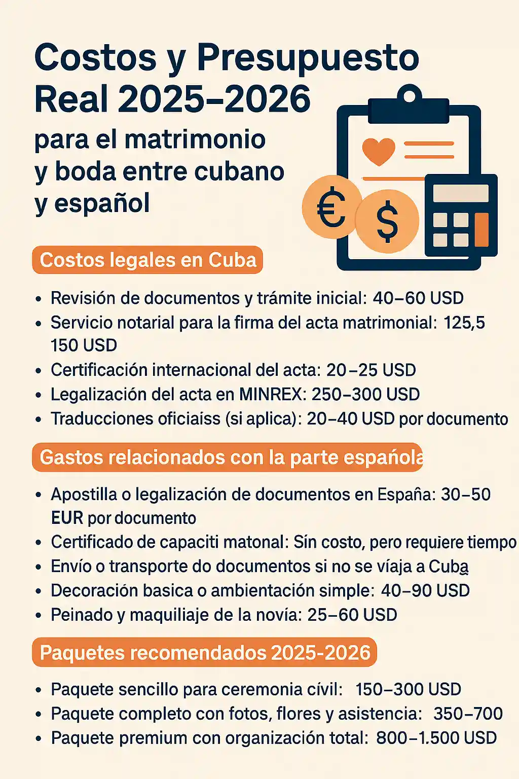 Costos y presupuesto real 2025–2026 del matrimonio y boda entre cubano y español