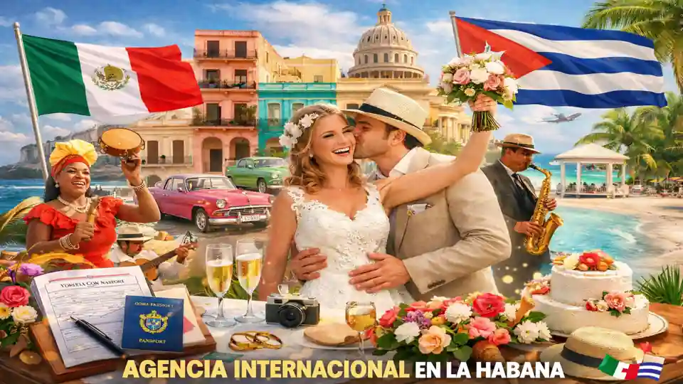 Requisitos legales para casarse en Cuba con un extranjero – boda internacional Cuba-México en La Habana, pareja feliz, banderas cubana y mexicana, wedding planners profesionales y agencia internacional especializada en bodas mixtas