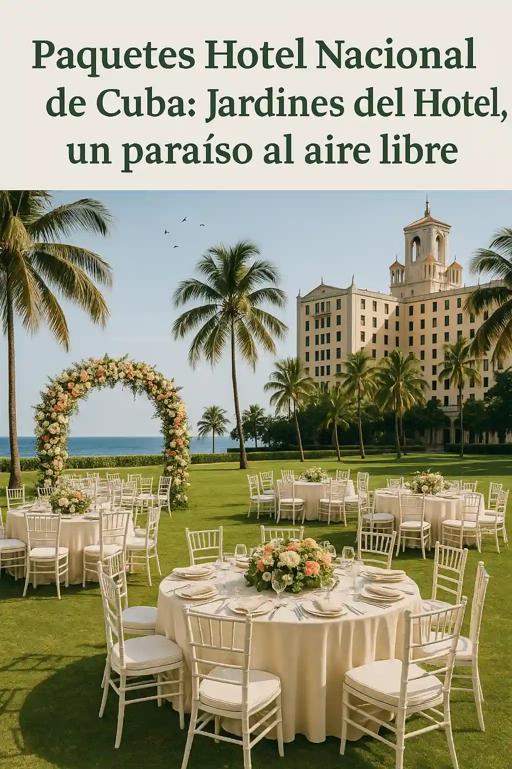 Paquetes Hotel Nacional de Cuba en los jardines del hotel, boda al aire libre con decoración floral, vista al mar Caribe y palmeras tropicales.  Imagen de los jardines del Hotel Nacional dentro de los Paquetes Hotel Nacional de Cuba, mostrando un montaje de boda con mesas elegantes, pérgola floral, palmeras y la fachada histórica del hotel como fondo, representando un paraíso al aire libre en La Habana. 