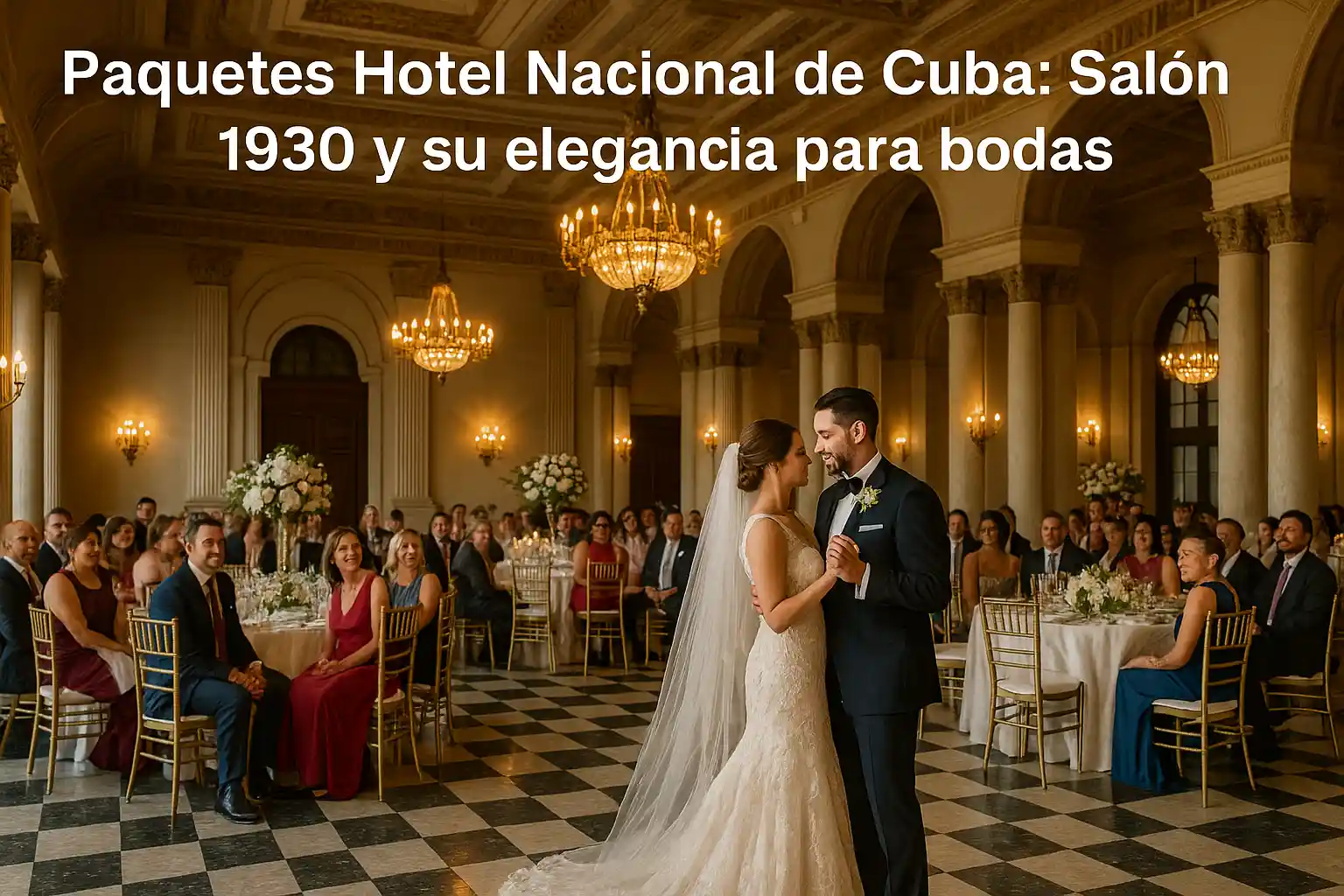 Paquetes Hotel Nacional de Cuba en el Salón 1930, boda elegante con novios bailando su primer vals rodeados de invitados en un ambiente histórico.