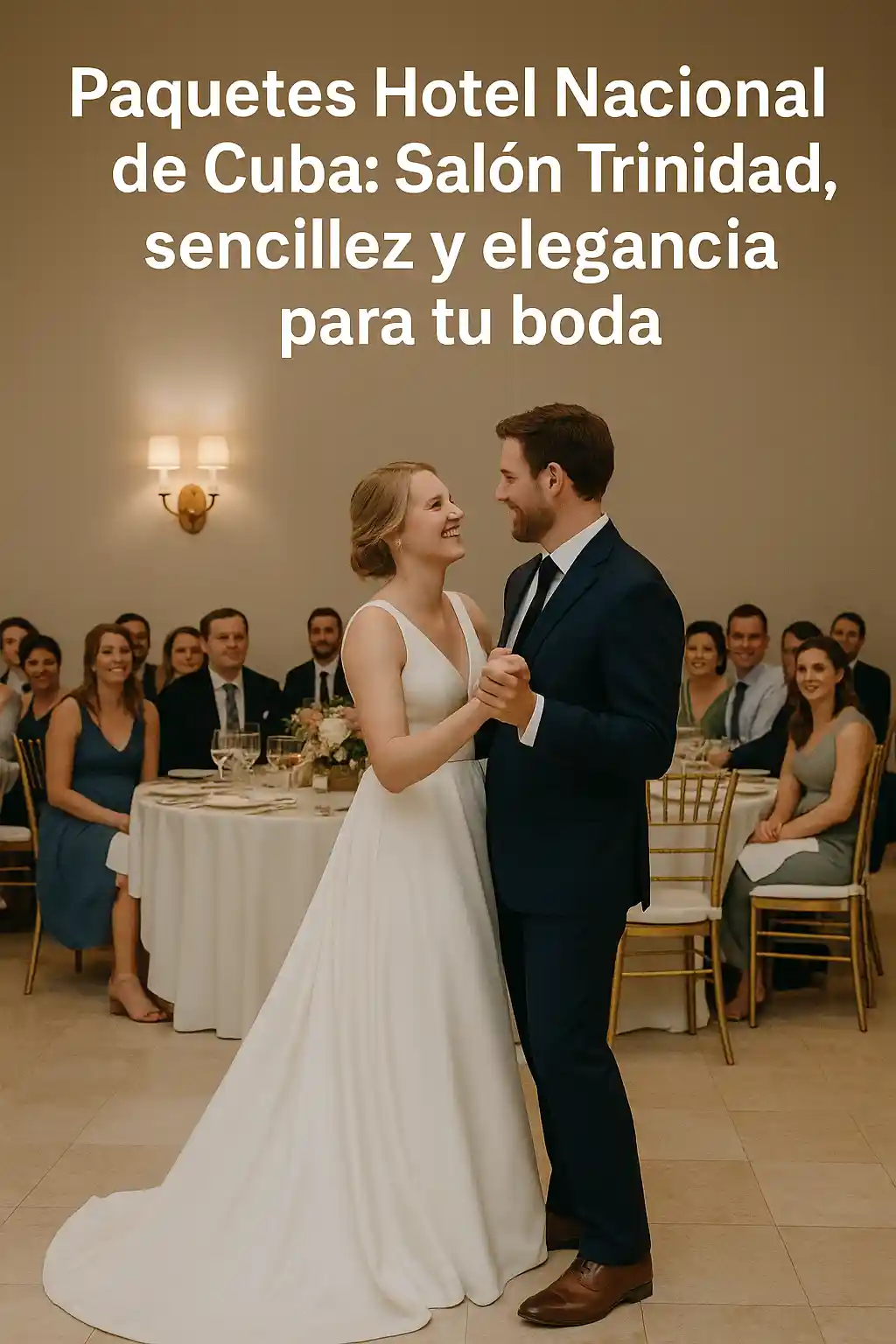 Paquetes Hotel Nacional de Cuba en el Salón Trinidad, boda sencilla y elegante con novios bailando rodeados de invitados en un ambiente íntimo.  Imagen del Salón Trinidad dentro de los Paquetes Hotel Nacional de Cuba, mostrando a una pareja de novios disfrutando de una boda familiar con decoración minimalista, flores tropicales y un ambiente cálido y elegante en La Habana. 