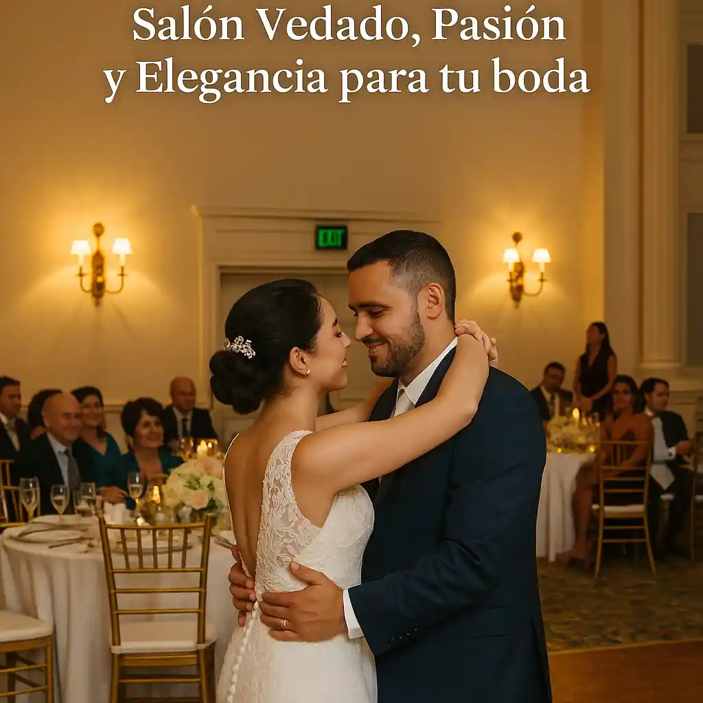 Paquetes Hotel Nacional de Cuba en el Salón Vedado, boda íntima y elegante con novios bailando rodeados de invitados en un ambiente romántico.  Imagen del Salón Vedado dentro de los Paquetes Hotel Nacional de Cuba, mostrando a una pareja de novios en su primer baile, con mesas decoradas con flores tropicales, manteles blancos e invitados disfrutando de una boda elegante en La Habana. 