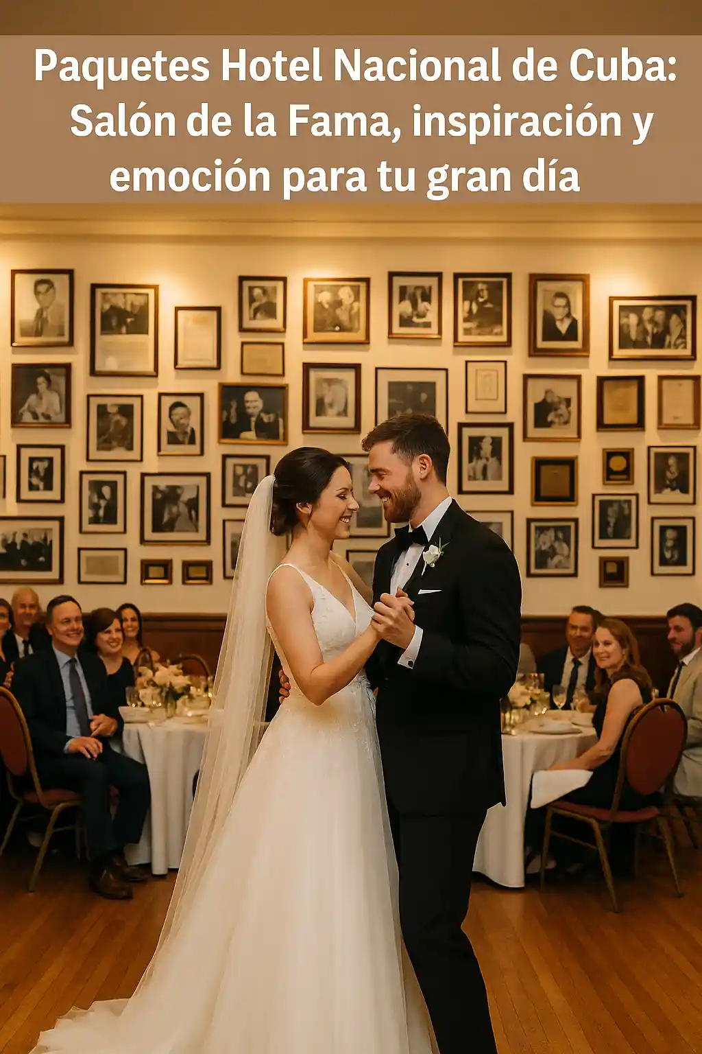 Paquetes Hotel Nacional de Cuba en el Salón de la Fama, boda íntima con novios bailando rodeados de invitados y paredes llenas de fotos históricas.  Imagen del Salón de la Fama dentro de los Paquetes Hotel Nacional de Cuba, mostrando a una pareja de novios en su primer baile, rodeados de invitados y un ambiente histórico con fotografías de celebridades, transmitiendo inspiración y emoción en La Habana. 