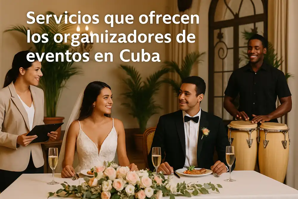 Imagen que representa los servicios que ofrecen los organizadores de eventos en Cuba. La pareja de novios disfruta de una recepción elegante con flores, banquete gourmet y música en vivo, mientras los organizadores coordinan cada detalle para garantizar una celebración perfecta en La Habana.
