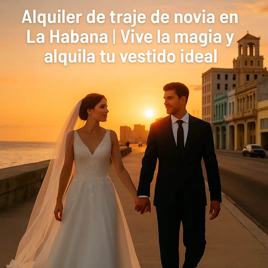 Pareja de novios caminando de la mano en el Malecón de La Habana al atardecer. La novia lleva un vestido blanco con encaje y velo largo, mientras el novio viste un traje elegante, representando el alquiler de traje de novia en La Habana.