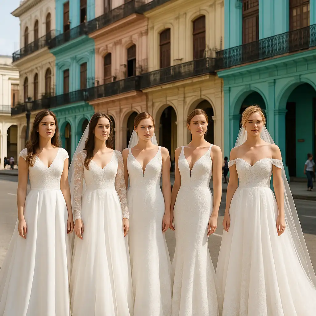 Imagen realista y artística de cuatro novias en diferentes estilos de vestidos de novia —A-line, encaje con mangas largas, corte sirena y off-shoulder— caminando juntas por una calle colonial en La Habana. El fondo muestra edificios en tonos pastel que resaltan la elegancia caribeña. La fotografía transmite glamour, diversidad de estilos y la esencia del alquiler de traje de novia en La Habana, destacando la amplia oferta de trajes disponibles en Modahabana & BodasCuba.me.