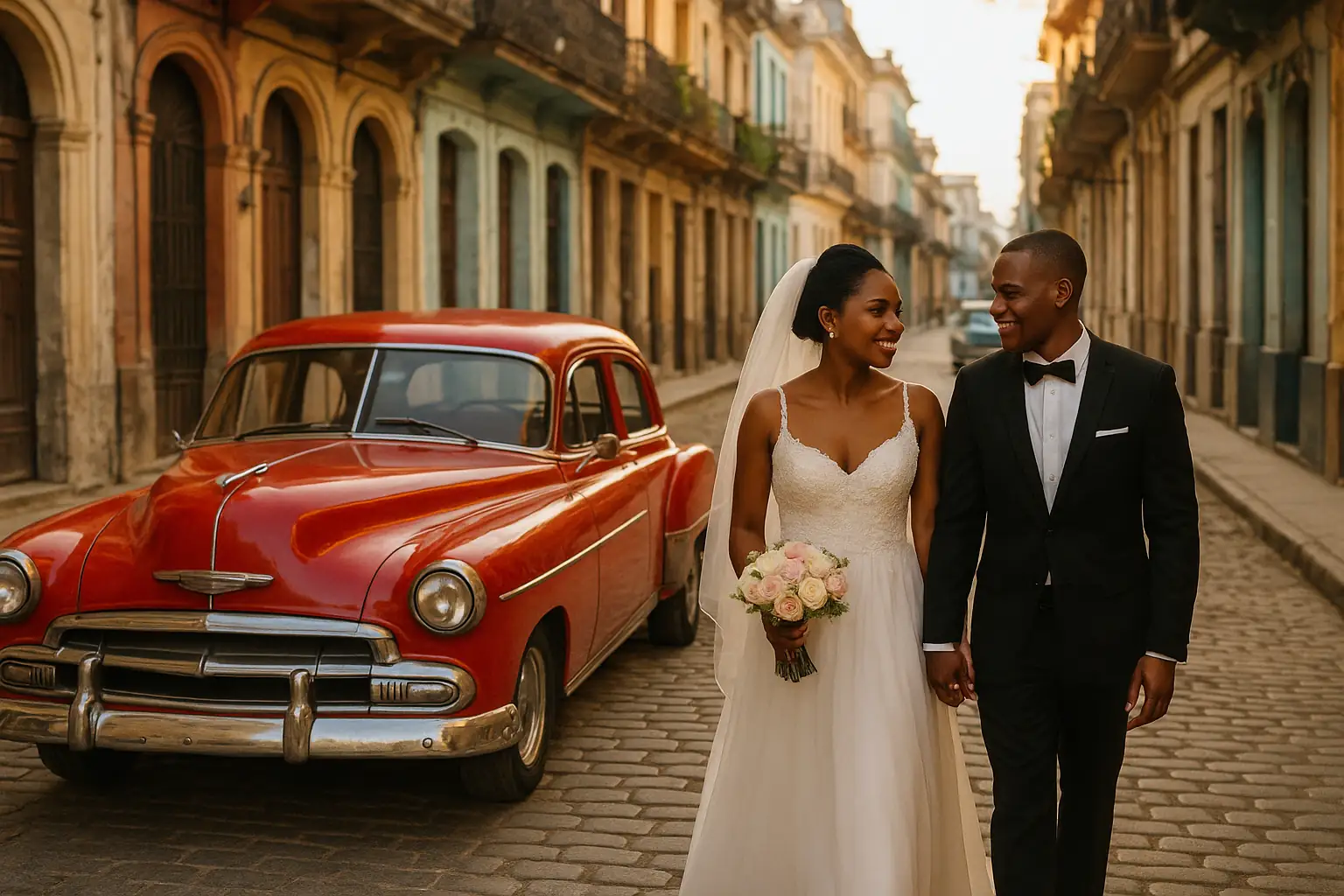 Pareja de novios cubanos caminando por calles empedradas de La Habana Vieja con un auto clásico rojo y arquitectura colonial colorida.