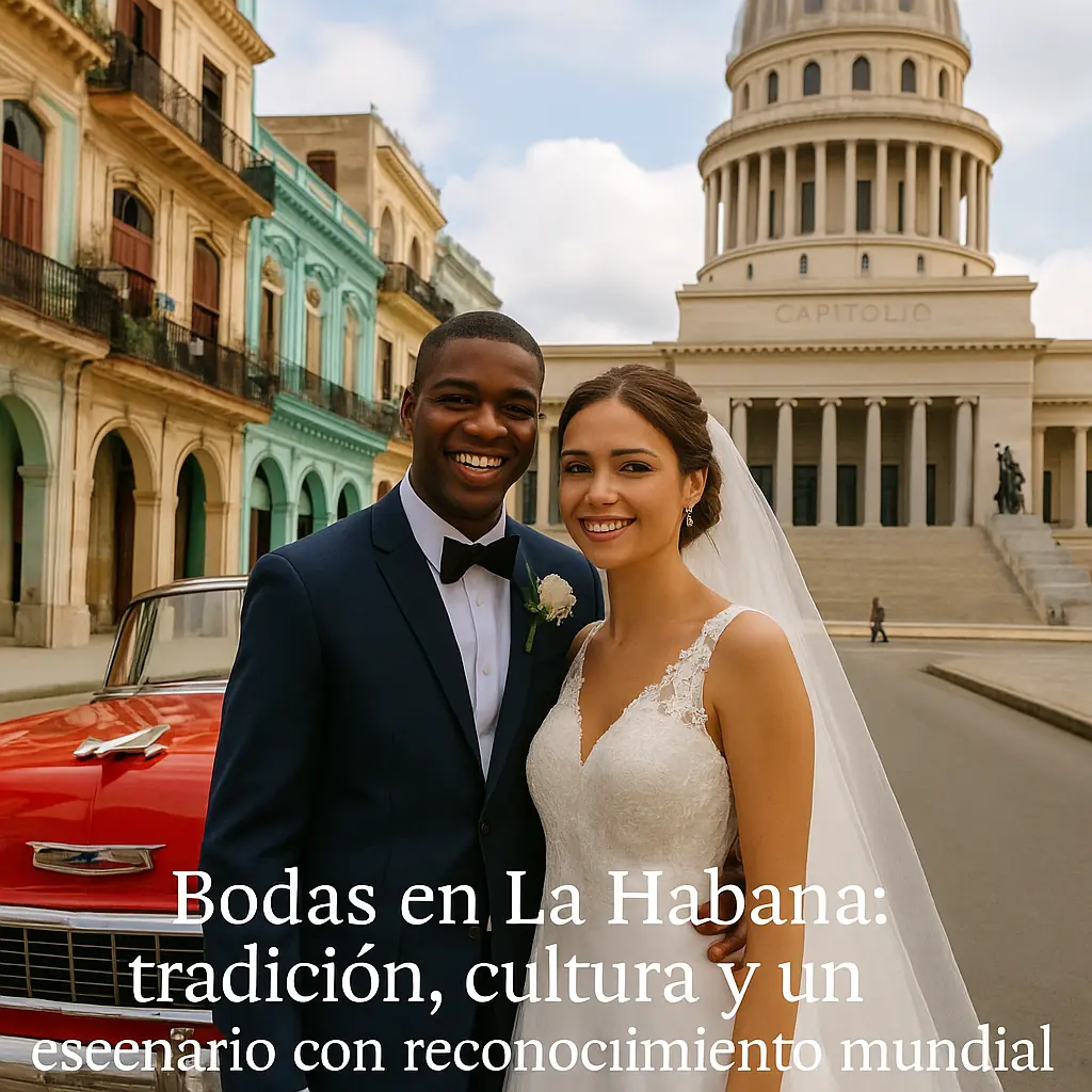 Pareja de novios en La Habana frente al Capitolio y un auto clásico rojo, rodeados de arquitectura colonial colorida, representando tradición y cultura.