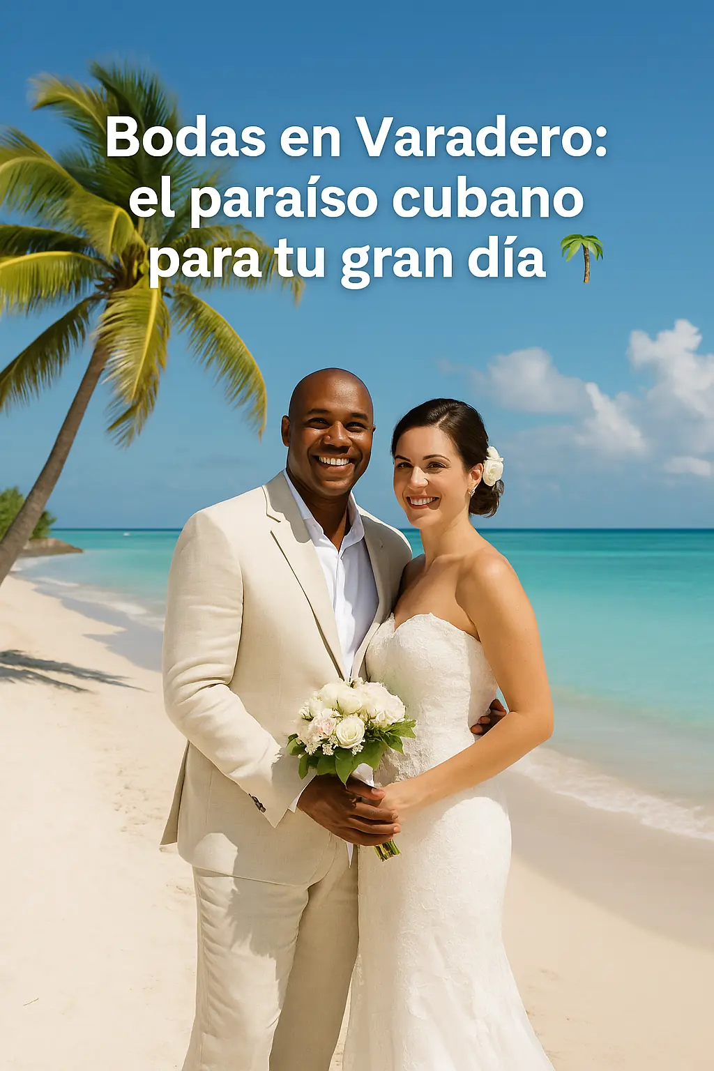 Imagen real y sugestiva para “Bodas en Varadero: el paraíso cubano para tu gran día”. Una pareja sonriente posa frente al mar turquesa y palmeras en Varadero, transmitiendo el ambiente romántico y paradisíaco de las bodas en el Caribe cubano.