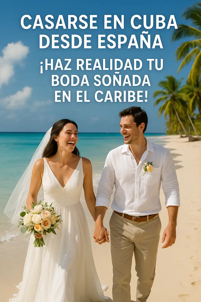 Pareja española celebrando su boda en la playa de Cuba con decoración tropical y mensaje promocional para casarse en el Caribe