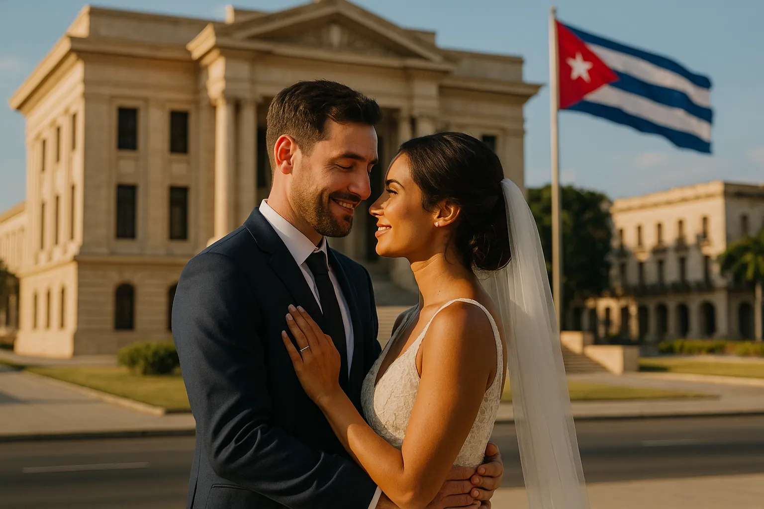 Una pareja de recién casados posa frente a un edificio neoclásico en La Habana con la bandera cubana ondeando. La escena simboliza la importancia del matrimonio civil en Cuba en comparación internacional, mostrando la riqueza cultural y la solemnidad de este tipo de ceremonia frente a otros países.