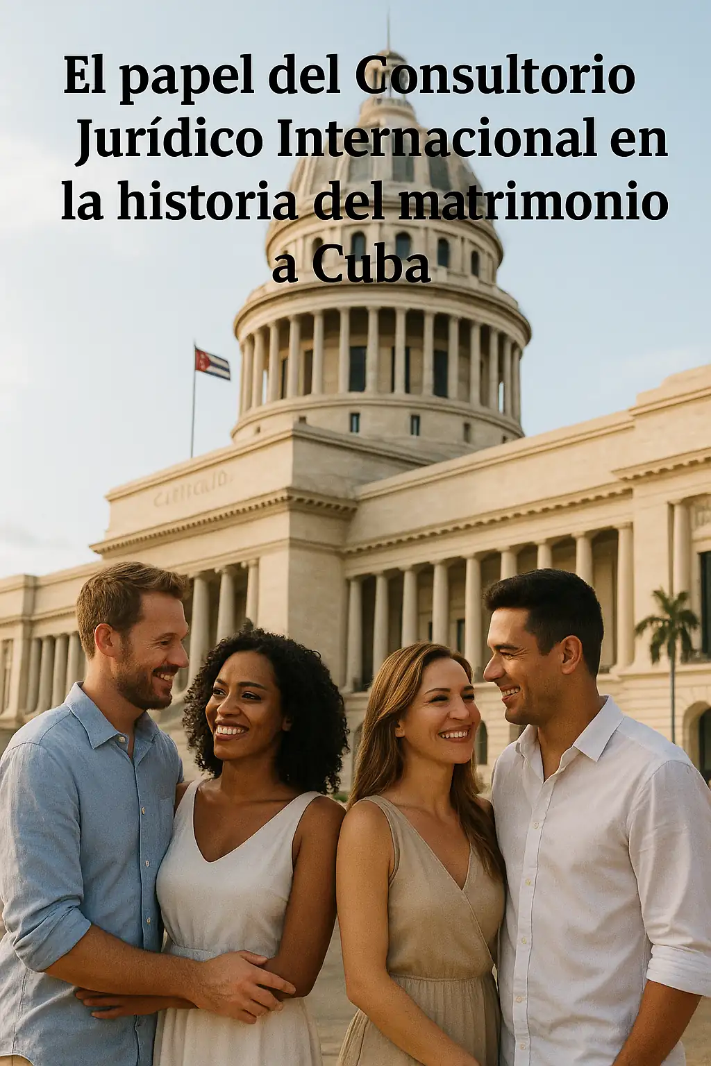 "Fotografía realista con parejas cubanas y extranjeras frente al Capitolio de La Habana, destacando el papel histórico del Consultorio Jurídico Internacional en los matrimonios en Cuba y su reconocimiento legal a nivel internacional." 