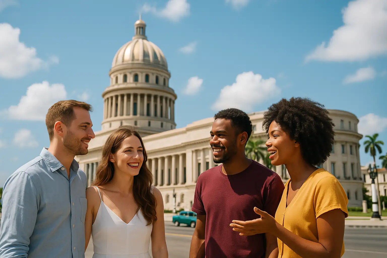 "Fotografía realista de parejas extranjeras y cubanas en La Habana, frente al Capitolio, simbolizando el interés por el Consultorio Jurídico Internacional y los matrimonios en Cuba reconocidos dentro y fuera de la isla." 