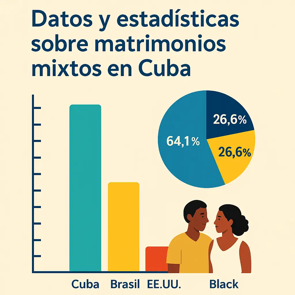 "Infografía clara y visual sobre matrimonios mixtos en Cuba, comparando estadísticas con Brasil y EE.UU., e ilustrando la composición étnica de la isla con datos porcentuales." 