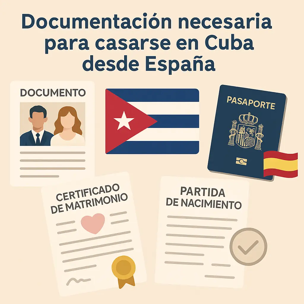 Infografía sobre los documentos necesarios para casarse en Cuba desde España: pasaporte, partida de nacimiento, certificado de matrimonio y otros requisitos oficiales