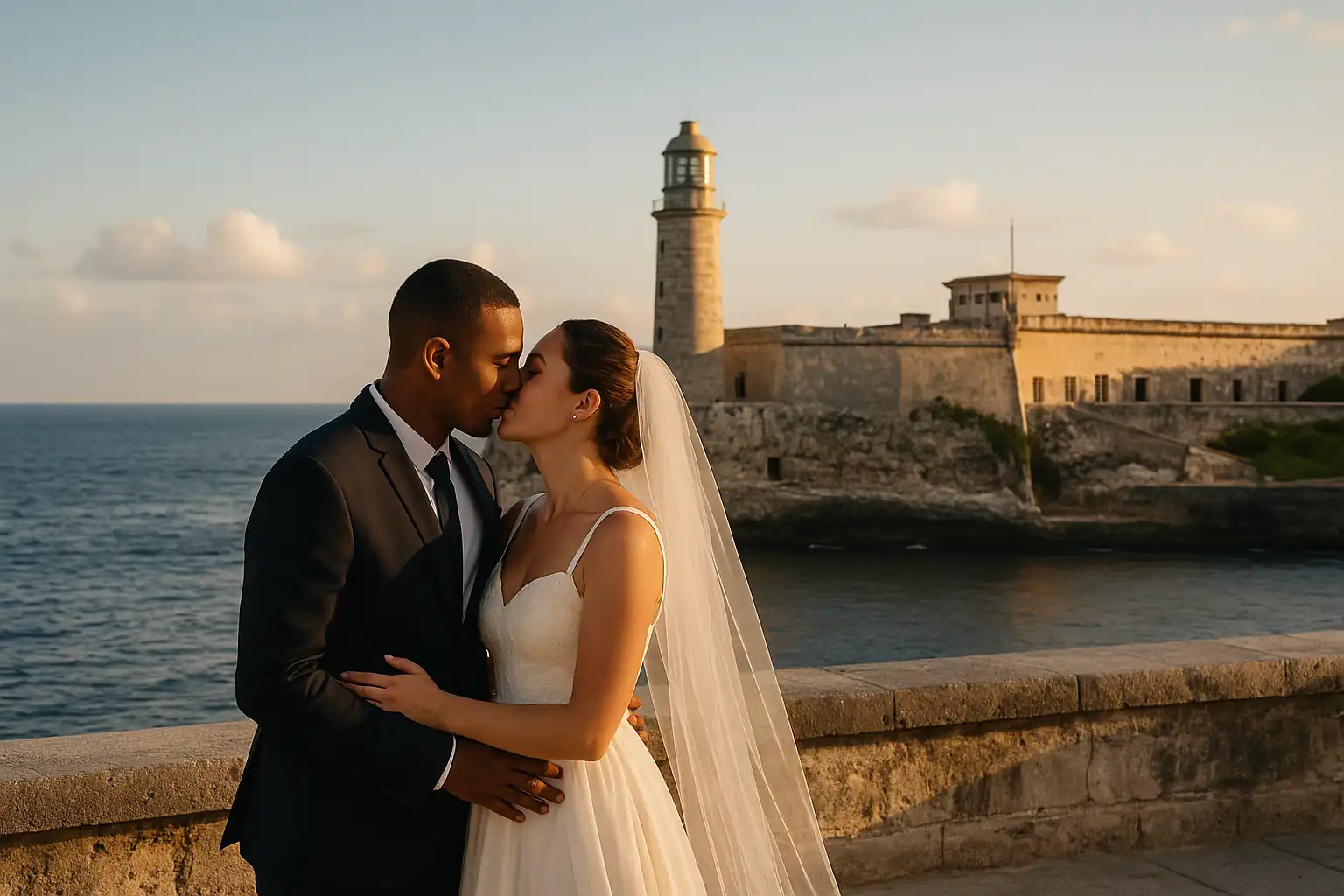 Pareja de novios besándose frente al Castillo del Morro en La Habana, con el mar Caribe al atardecer, representando dónde se casan los cubanos con extranjeros en Cuba.