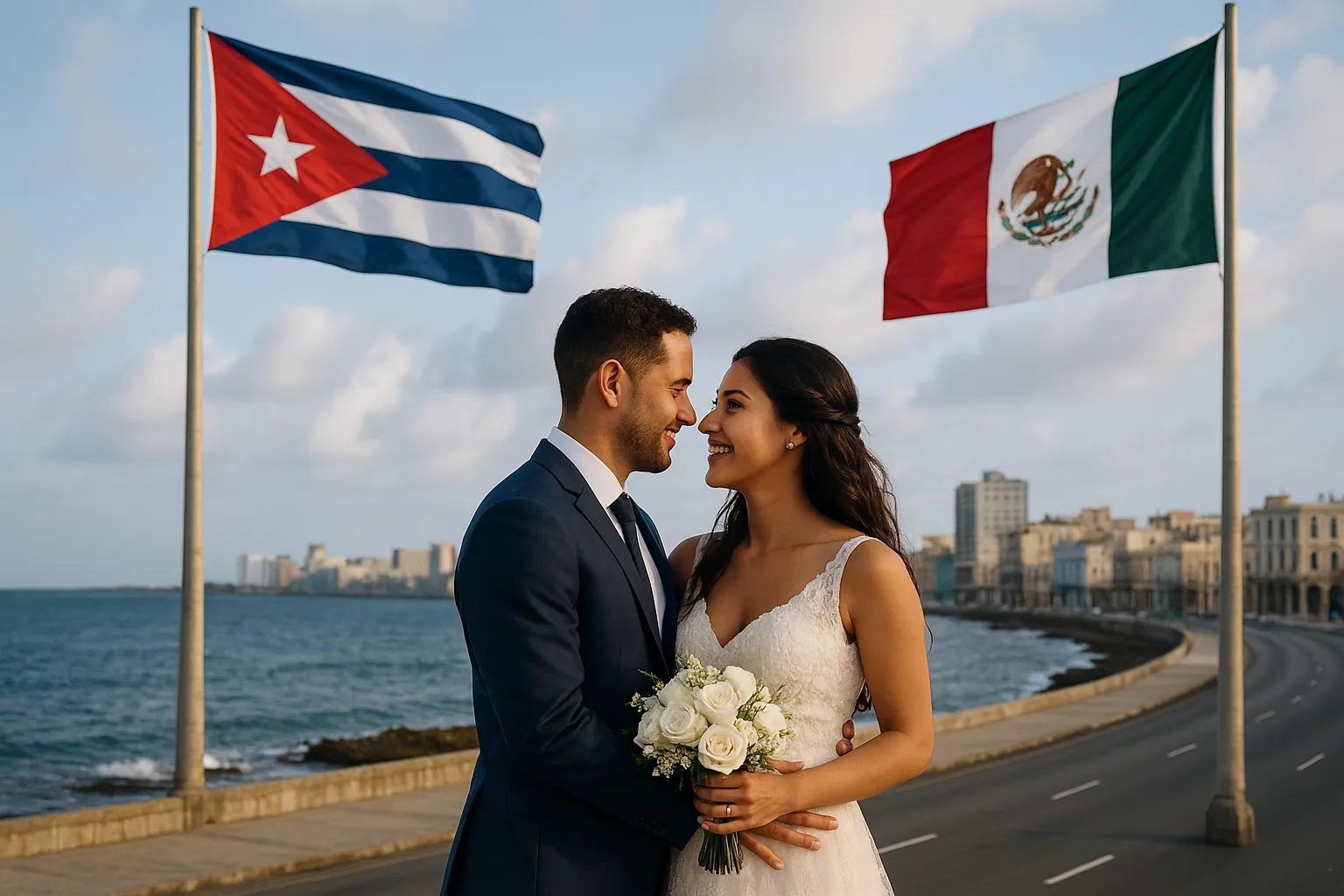 Un novio cubano y una novia mexicana celebran su amor en el Malecón de La Habana, con las banderas de Cuba y México ondeando a su alrededor. Esta fotografía refleja cómo el matrimonio entre cubanos y mexicanos es cada vez más frecuente, impulsado por lazos culturales, lingüísticos y emocionales que fortalecen la unión de ambos países.