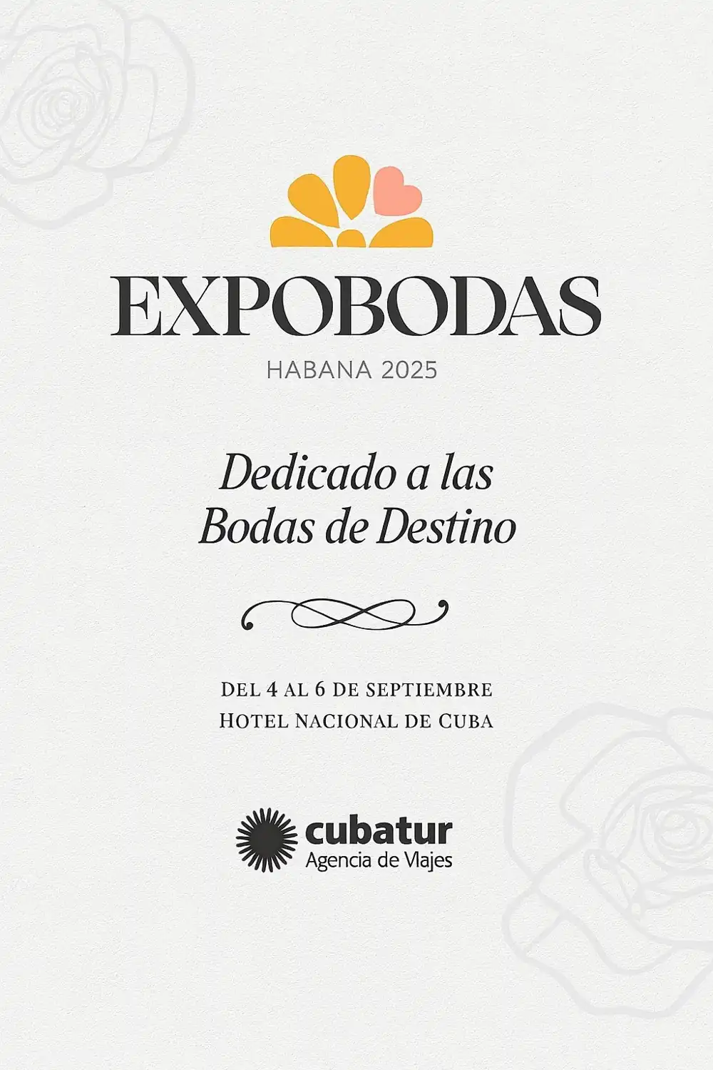 Expobodas Cuba 2025, dedicado a las Bodas de Destino, se celebrará en La Habana del 4 al 6 de septiembre en el Hotel Nacional de Cuba. El evento reúne a organizadores de bodas, agencias de viajes y parejas interesadas en celebrar su matrimonio en Cuba con estilo, elegancia y tradición caribeña.