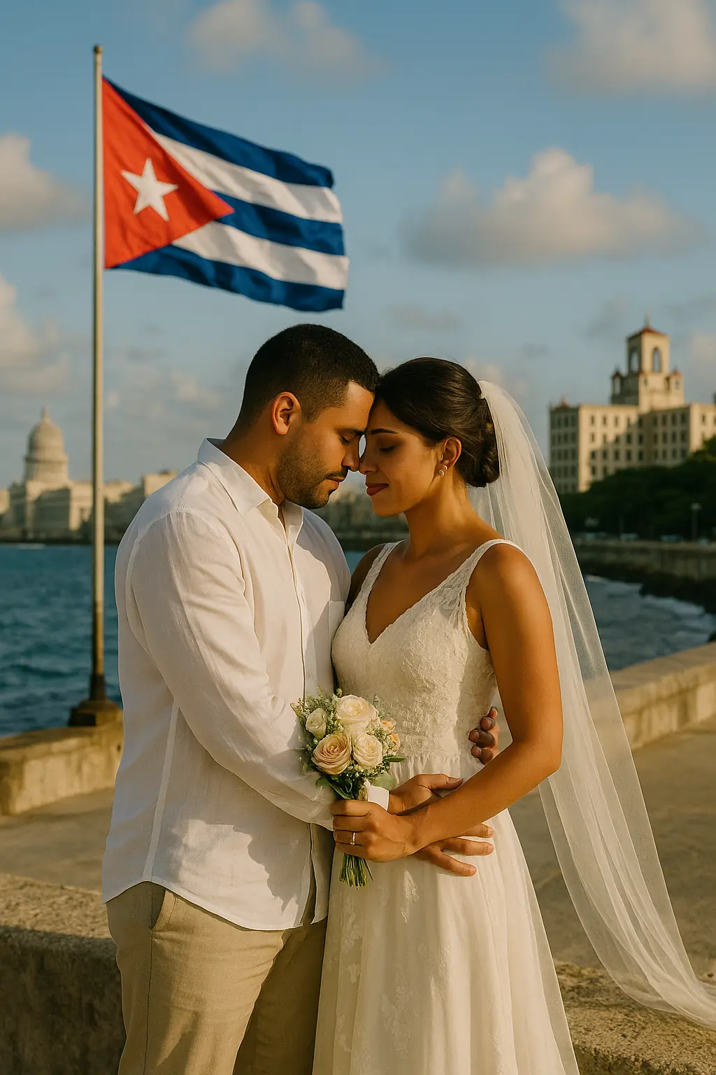 Pareja de recién casados abrazándose en el Malecón de La Habana durante su matrimonio civil en Cuba con la bandera cubana al fondo