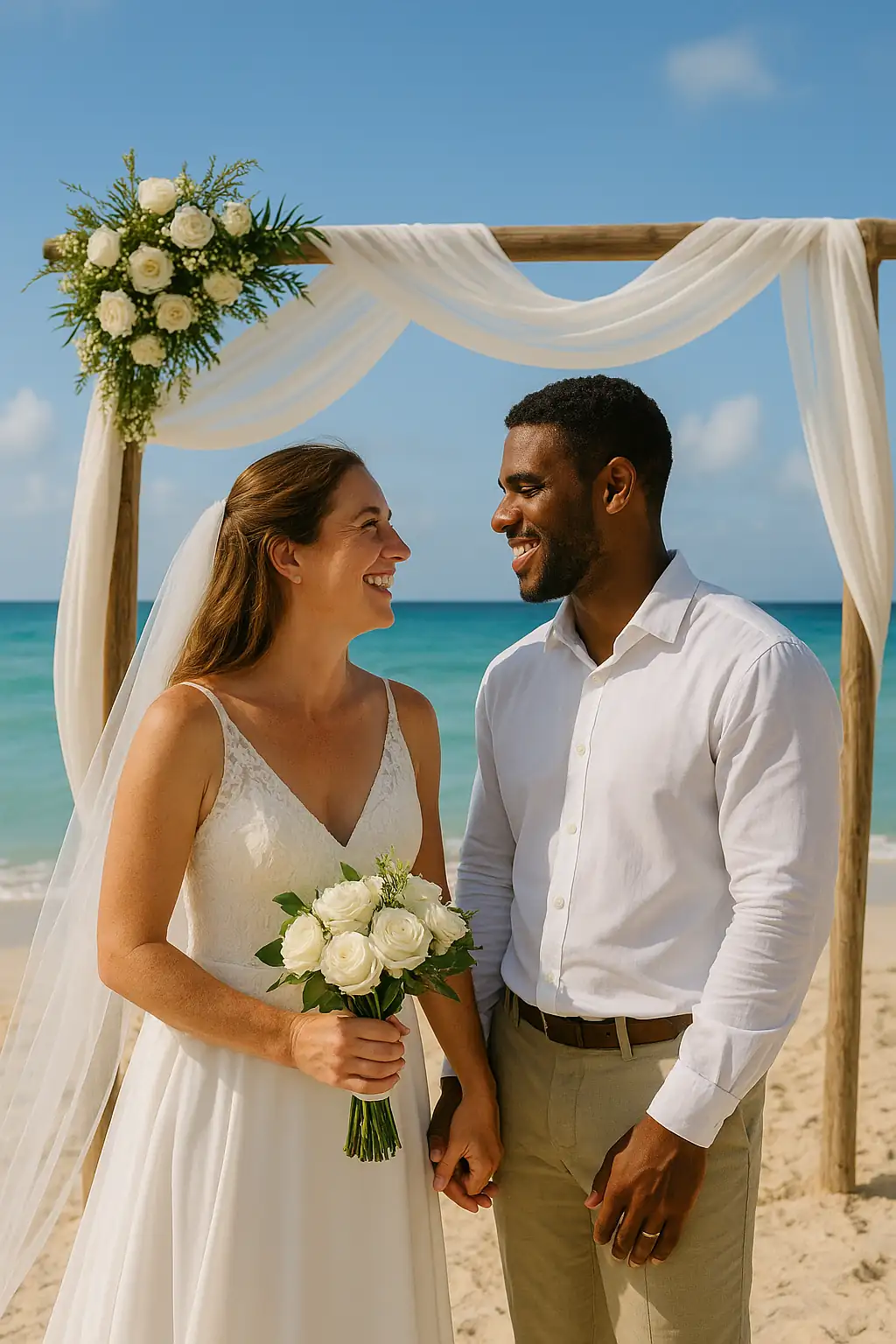 "Fotografía realista de una boda en la playa en Cuba, con una pareja de recién casados frente al mar Caribe, simbolizando las ventajas y desventajas de casarse con un cubano en un entorno romántico y tropical." 