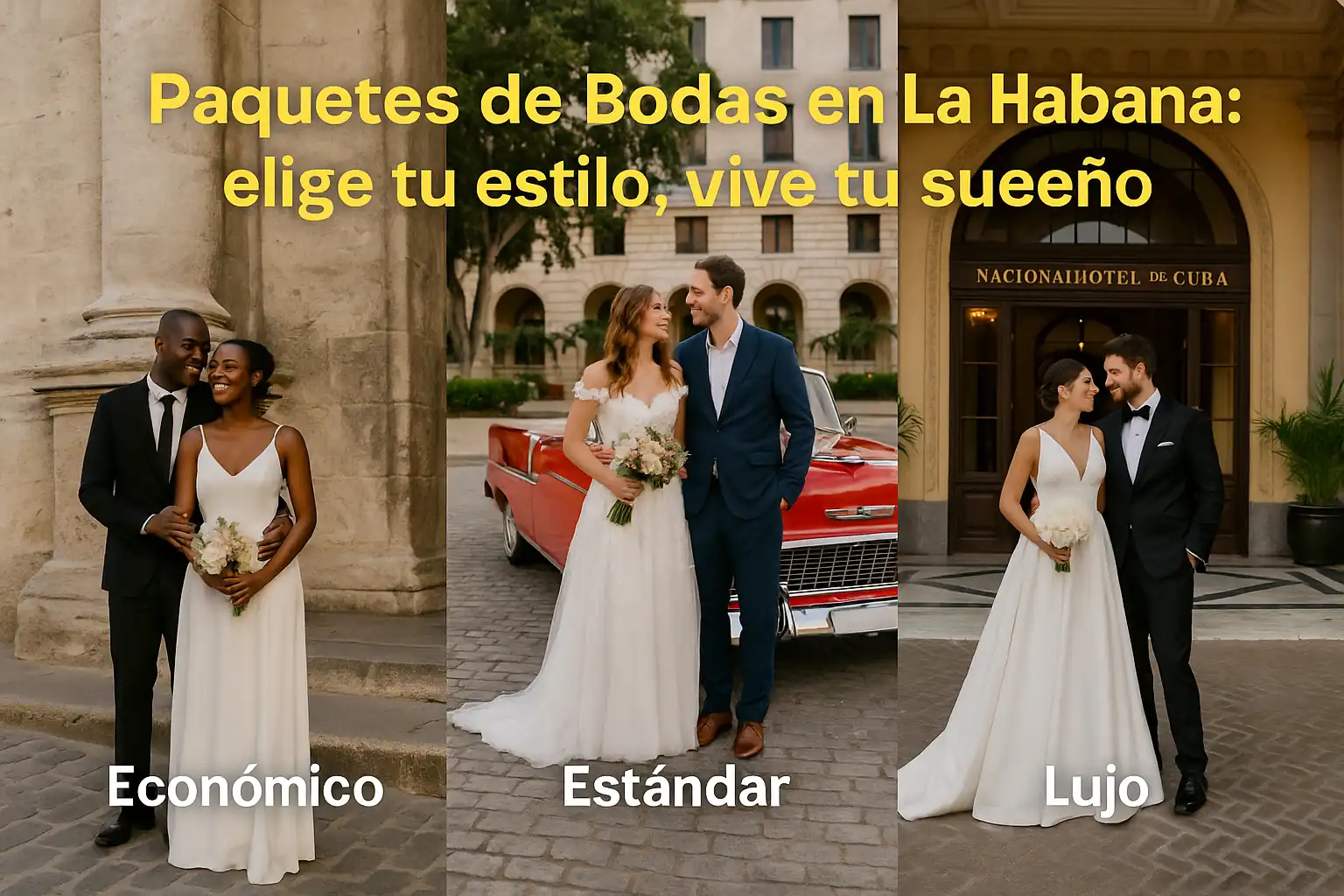 Imagen de tres parejas representando paquetes de bodas en La Habana: económico, estándar y lujo, con autos clásicos y el Hotel Nacional de Cuba.  Imagen sugestiva que muestra los Paquetes de Bodas en La Habana. Una pareja sencilla representa el paquete económico, otra con auto clásico simboliza el estándar y una elegante frente al Hotel Nacional muestra el paquete de lujo. Escenarios icónicos, tradición y romanticismo en el corazón de Cuba. 