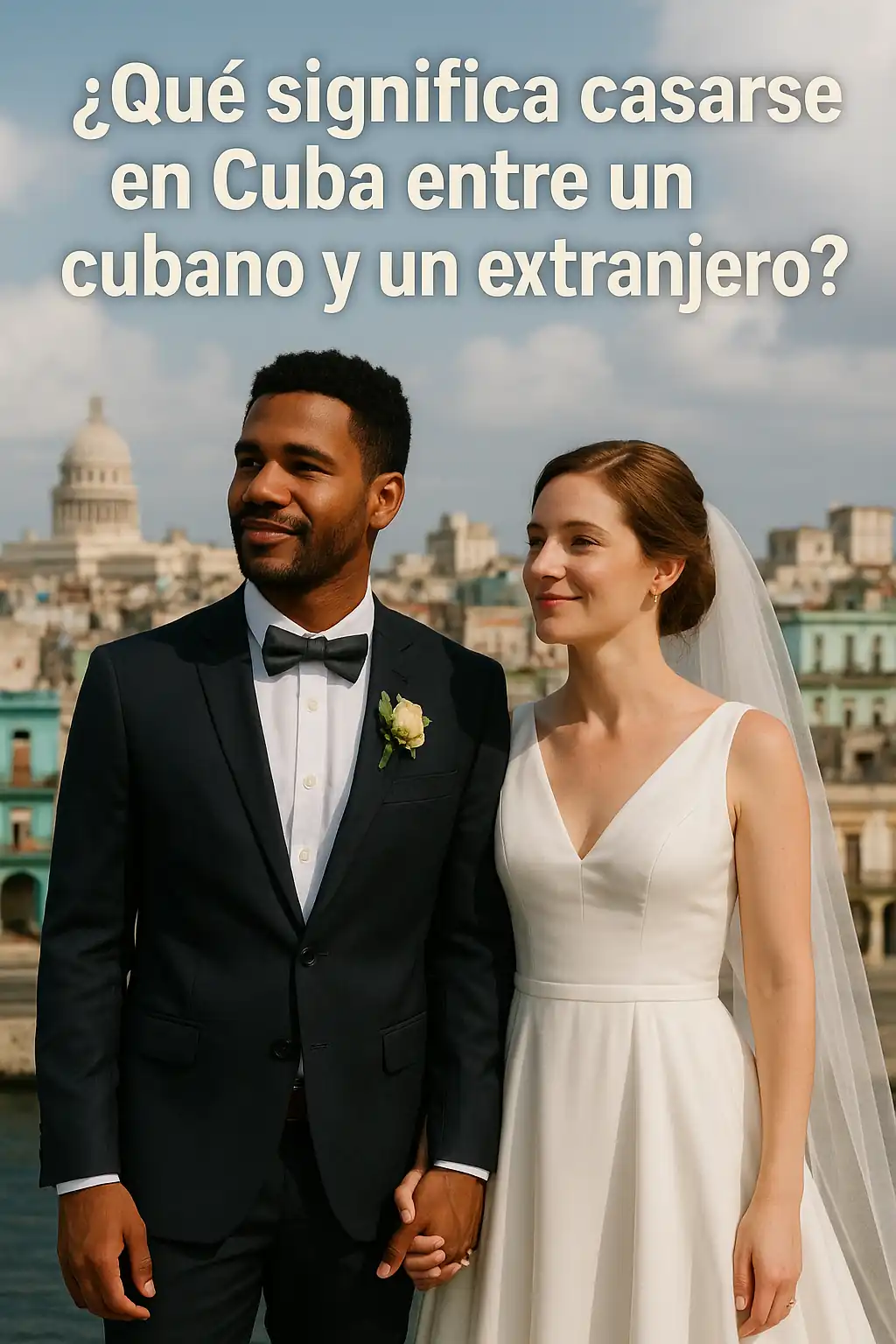 Pareja de novios cubano y extranjera de pie en La Habana, con el Capitolio al fondo, ilustrando el significado de casarse en Cuba entre un cubano y un extranjero.