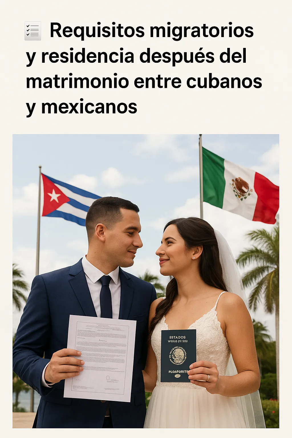 Pareja de recién casados mostrando documentos y pasaporte frente a las banderas de Cuba y México, representando los requisitos migratorios y la residencia tras el matrimonio entre cubanos y mexicanos